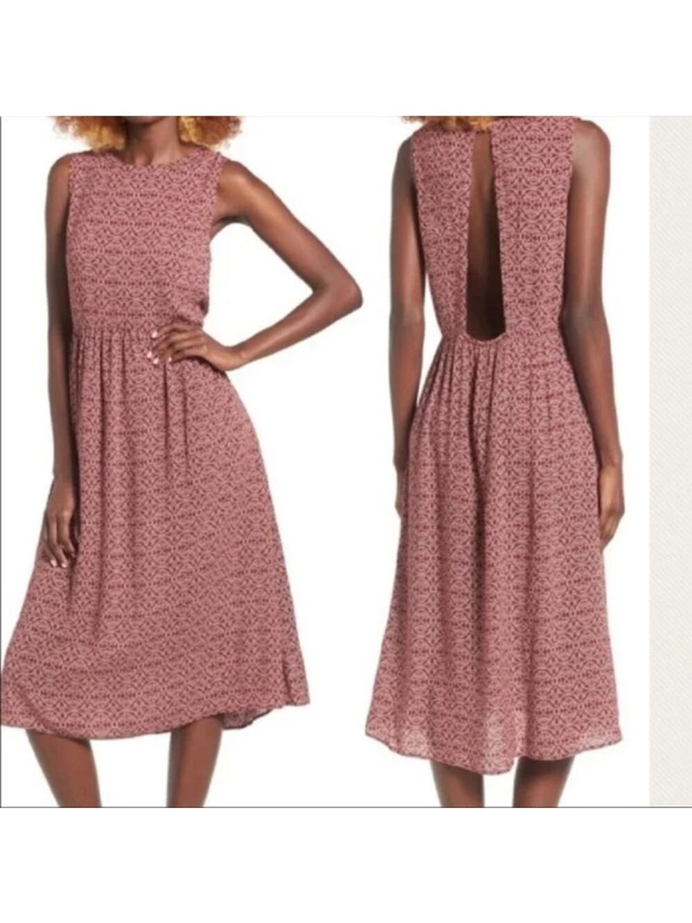 Hinge Red White Paisley Print Open Back Keyhole Sleeveless Midi Dress Women's XS